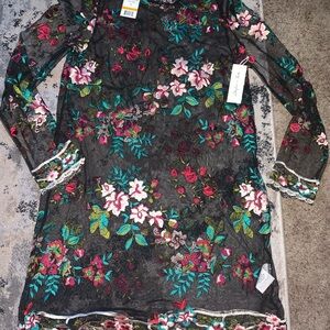 Black Floral Embroidered Mesh Swim Coverup